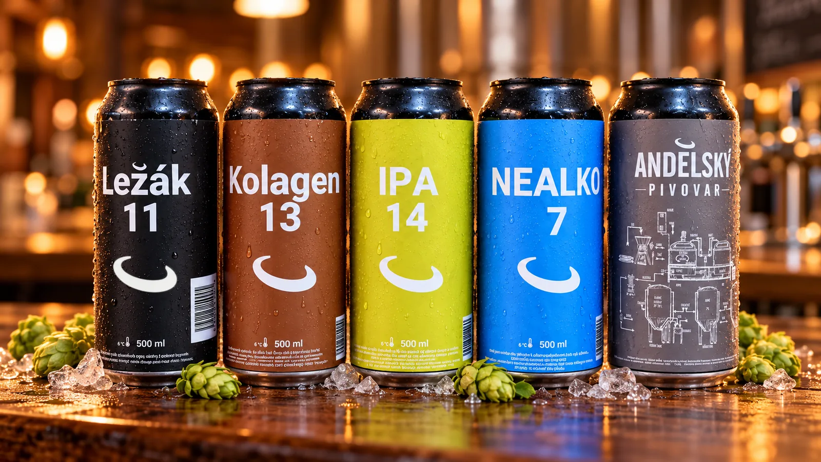 Andělský pivovar 0.5L 캔: Ležák 11, Kolagen 13, IPA 14, Nealko 7 및 시즌 스페셜용 회색 캔