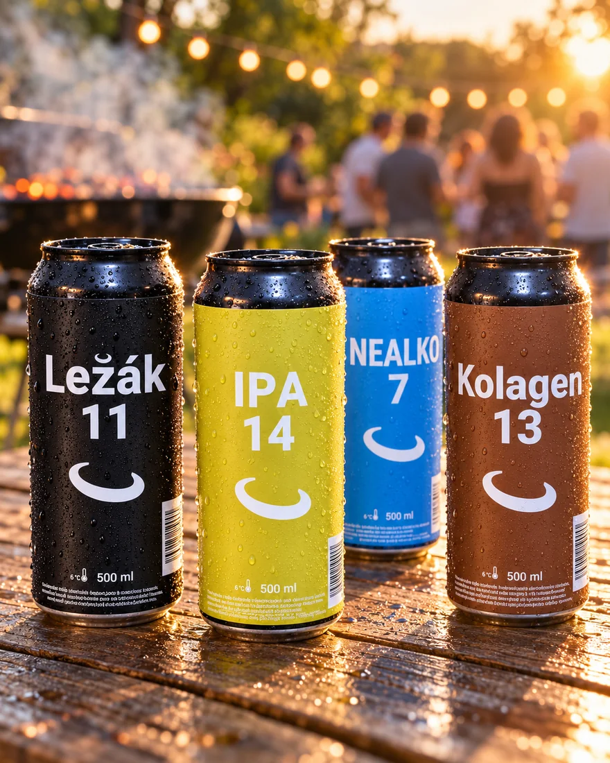 정원 테이블 위의 시원한 Ležák 11, IPA 14, Nealko 7, Kolagen 13 캔과 해 질 녘 야외 바비큐 파티 배경