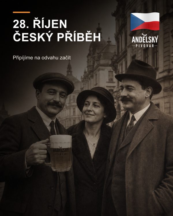 Stylizovaná sepia rekonstrukce pražské oslavy roku 1918 s anonymními lidmi v dobovém oblečení, kteří drží moderní půllitry Andělského pivovaru.