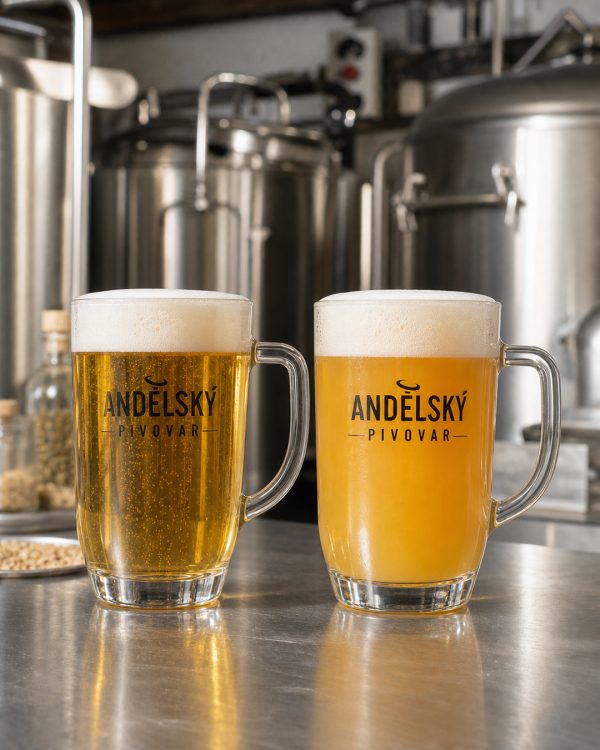 Tři snímky ukazují čiré a zakalené světlé pivo vedle sebe, detail nerezového filtračního zařízení a sklenici přirozeně zakaleného piva v pivovaru.
