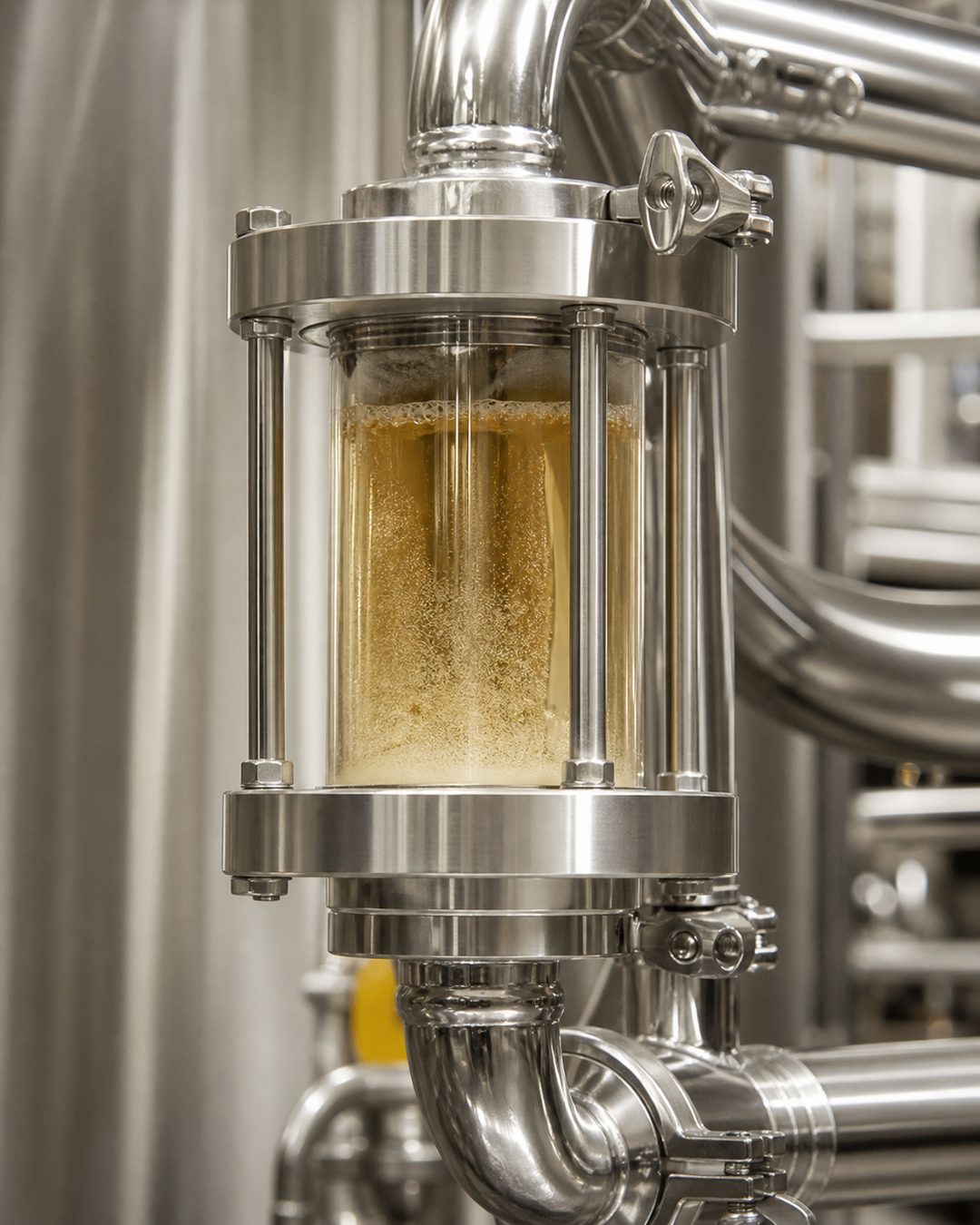Tři snímky ukazují čiré a zakalené světlé pivo vedle sebe, detail nerezového filtračního zařízení a sklenici přirozeně zakaleného piva v pivovaru. (2/3)
