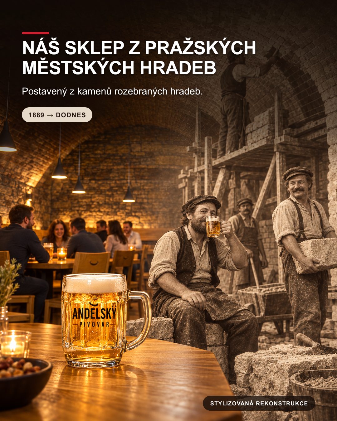 Dělený obraz ukazuje dnešní útulný sklep Andělského pivovaru a stylizovanou rekonstrukci jeho stavby v roce 1889. Zedníci pracují s kameny a jeden drží půllitr Andělského pivovaru.