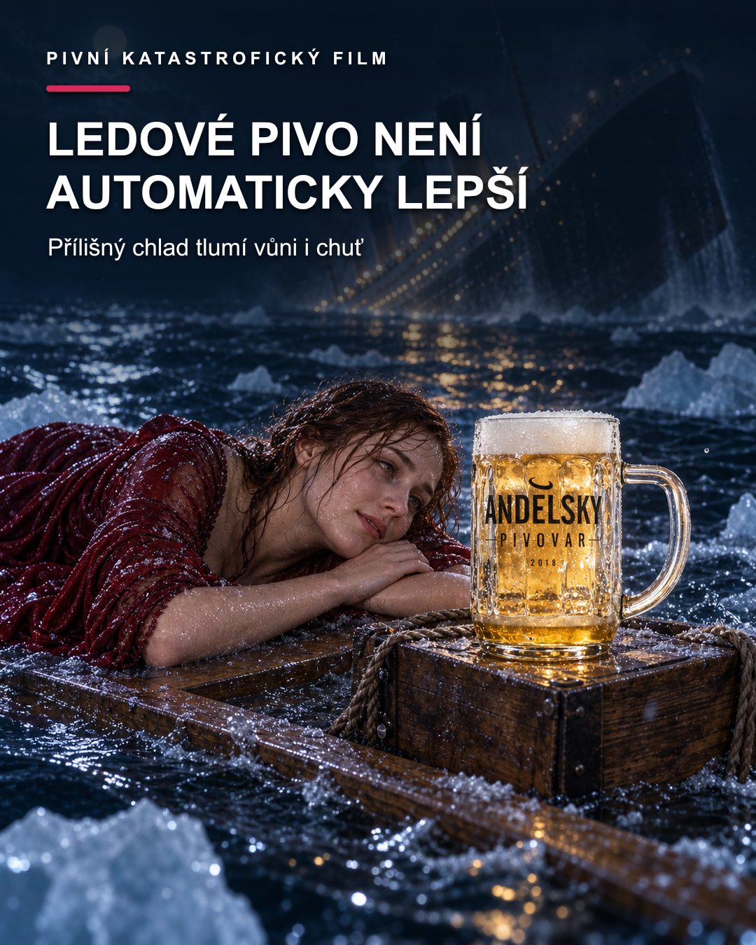 Žena na provizorním voru v ledovém oceánu leží vedle půllitru Andělského pivovaru, zatímco se v pozadí potápí zaoceánská loď.