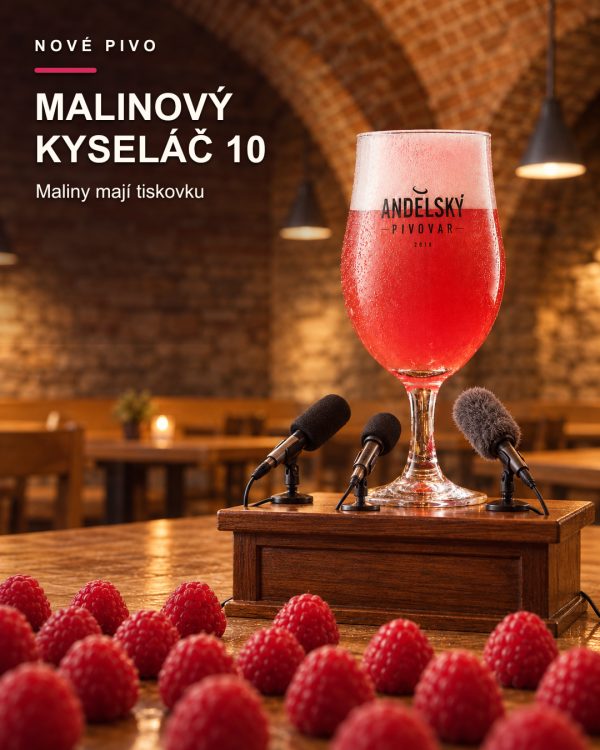 Sklenice Andělského pivovaru s malinově růžovým pivem stojí za malým řečnickým pultem před mikrofony a publikem tvořeným čerstvými malinami.