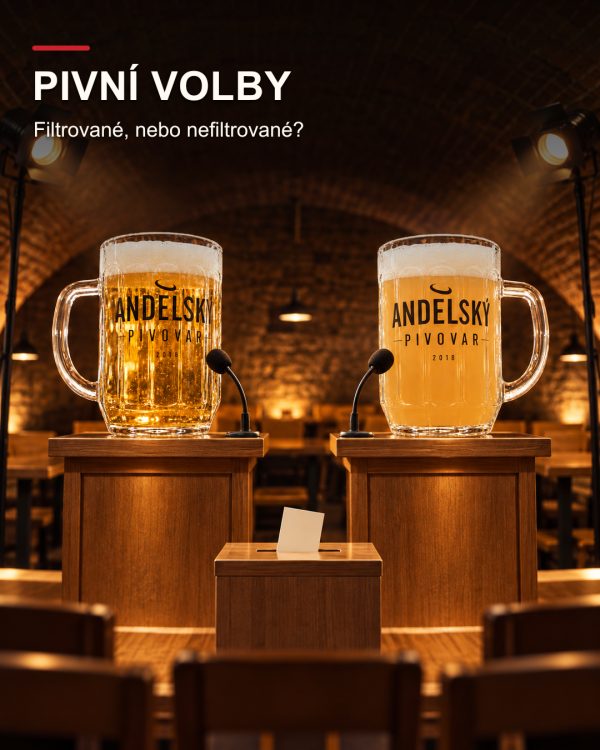 Dva značkové fazetované půllitry Andělského pivovaru stojí jako kandidáti za řečnickými pulty; vlevo je čiré filtrované pivo, vpravo zakalené nefiltrované.