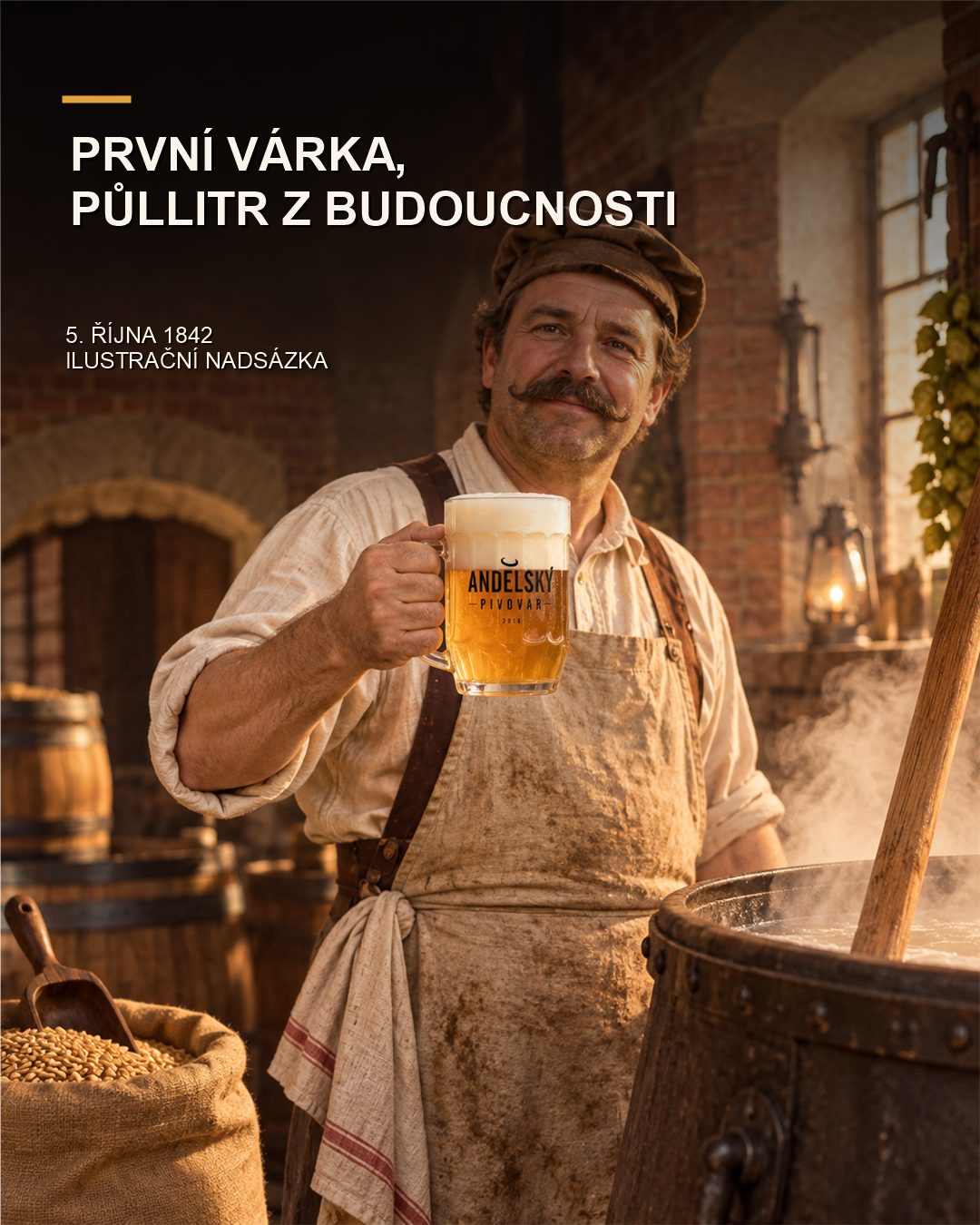 Stylizovaná historická scéna sládka u černého varného kotle, který drží moderní fasetovaný půllitr Andělského pivovaru. Obraz je ilustrační nadsázka.