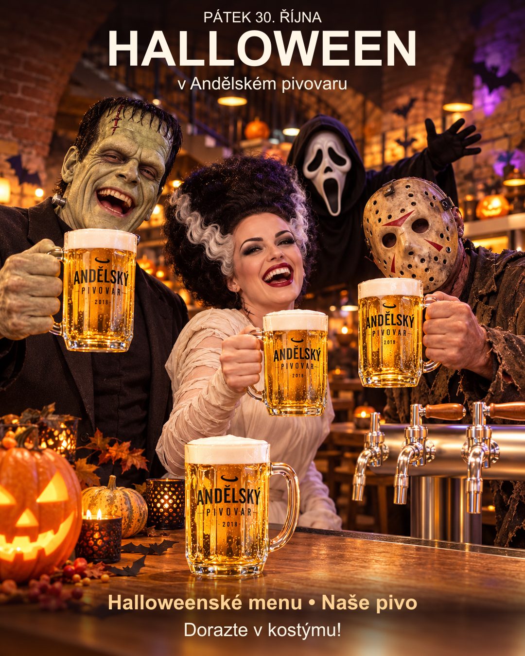 Halloweenská pozvánka Andělského pivovaru na pátek 30. října. Frankenstein, jeho nevěsta, Jason a Ghostface s pivem; halloweenské menu a kostýmy vítány.